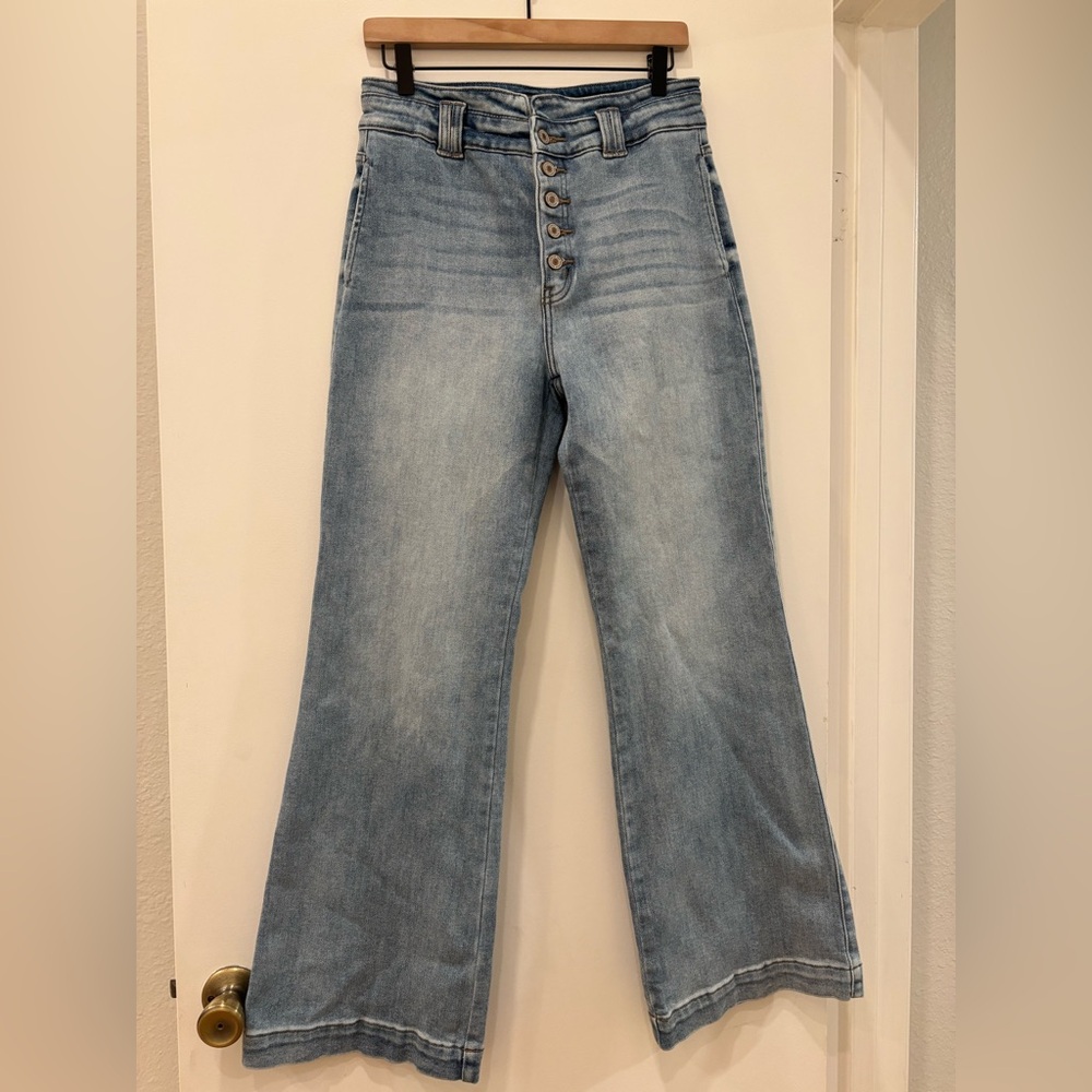 KanCan high rise high waisted button fly straight wide leg jeans washed denim